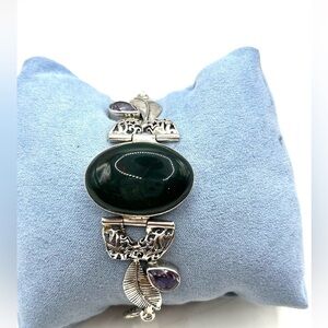 Green Center Cabochon and Amethyst Sterling Silver Bracelet 925 Big Bold